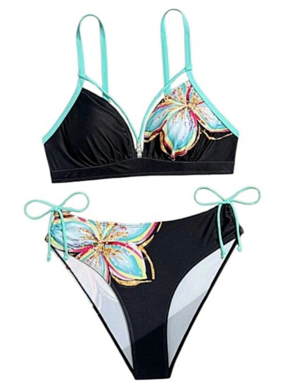 New Tropical Floral Pearl Detail Bikini Set with Tie Side Bottoms Size M